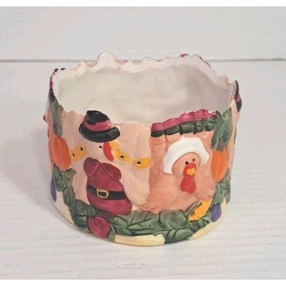 Thanksgiving Pilgrim Turkey Ceramic Candle Holder Bowl Fall Decor Hand Painted - Picture 3 of 7